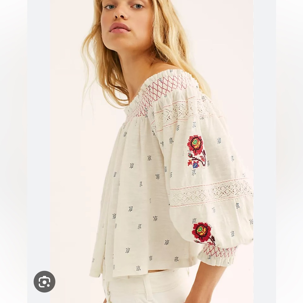 Free People Embroidered Cream Crop Top